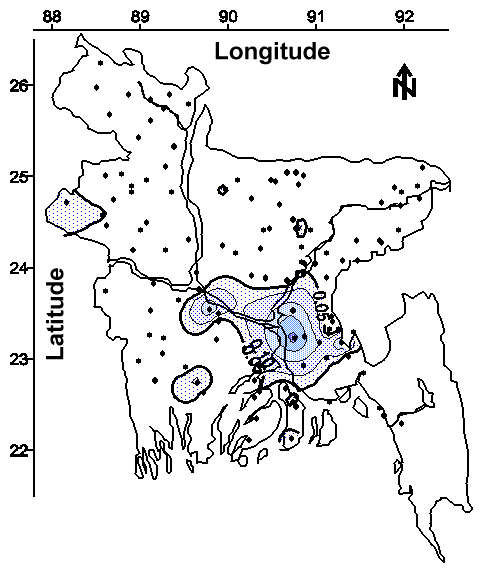 Map of the minimum arsenic concentration (mg/L) in water from all tubewells regardless of depth.