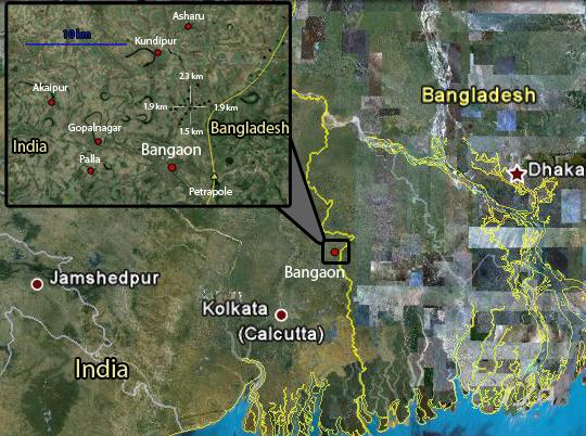 Satellite image of the Bongaon neighborhood area in North 24 Parganas district, West Bengal, India where groundwater samples were collected from tubewells.