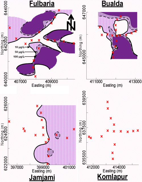 Contour maps of As concentration in tubewell water from the 4 neighborhoods in this study.