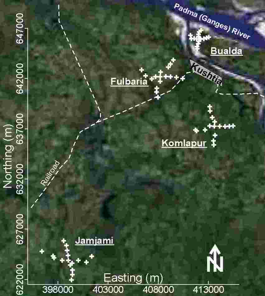 Satellite imagine of western Bangladesh showing the 4 neighborhoods where groundwater samples were collected from tubewells.