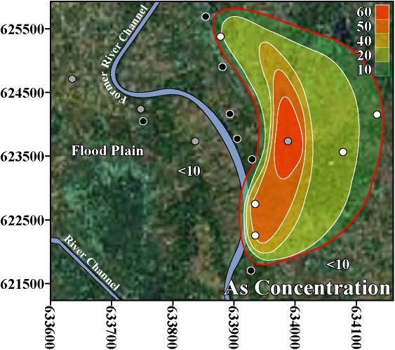 Contour map of As concentration (µg/L) in tubewell water from Jamjami.