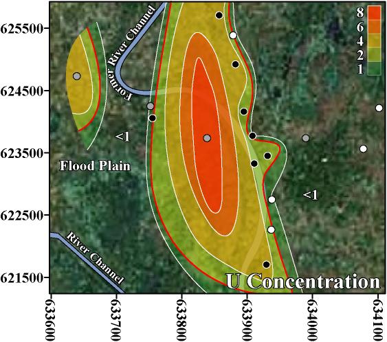 Contour map of U concentration (µg/L) in tubewell water from Jamjami.