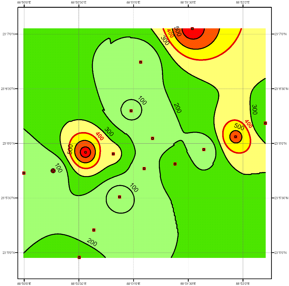 Contour map of Mn concentration (μg/L) in tubewell water from the Bongaon neighborhood area.  The red contour line represents the 400 μg/L WHO health-based drinking water guideline (ArcGIS™ Version 9.1).