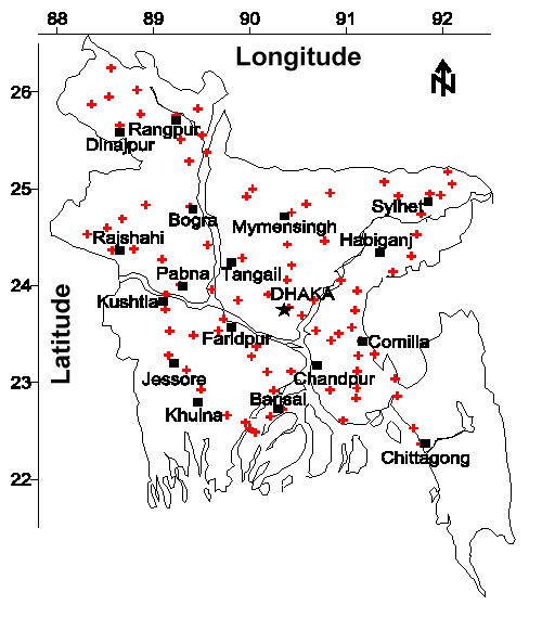 Map of Bangladesh showing the locations where groundwater samples were collected from tubewells during the 1998-1999 field program.